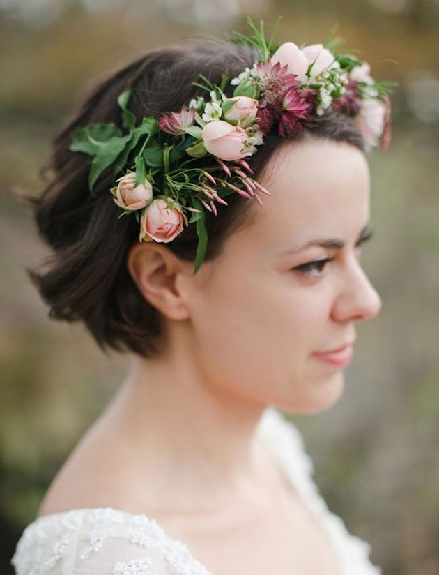 Darling Buds Short Bridal Hairstyle with Fresh Flowers