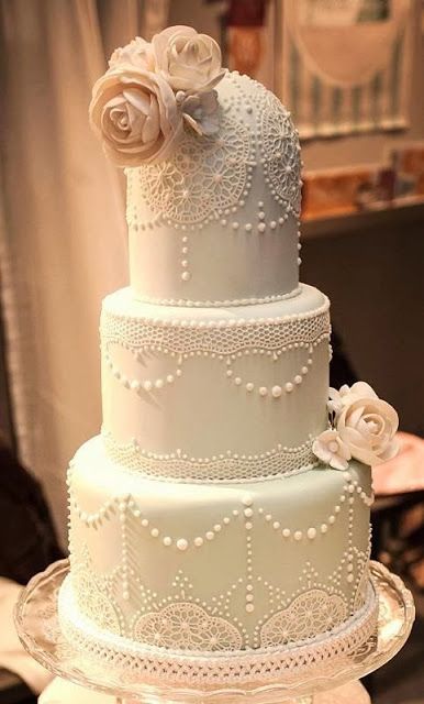 Elegant Vintage Lace and Pearl Wedding Cake