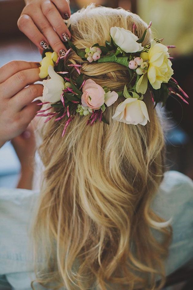 Gorgeous Half-Up Half-Down Hairstyles with Pastel Yellow and Pink Roses