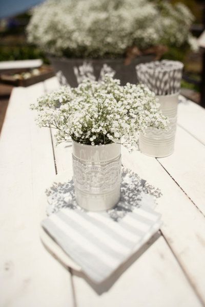 Inexpensive baby's breath in tin can wedding centerpiecesjpg