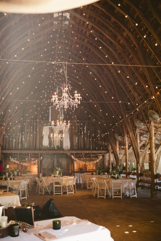 Rustic Chandelier In Barn Wedding