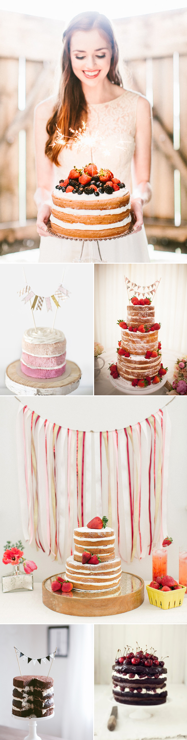Rustic Naked Wedding Cake Ideas with Fruits or Toppers