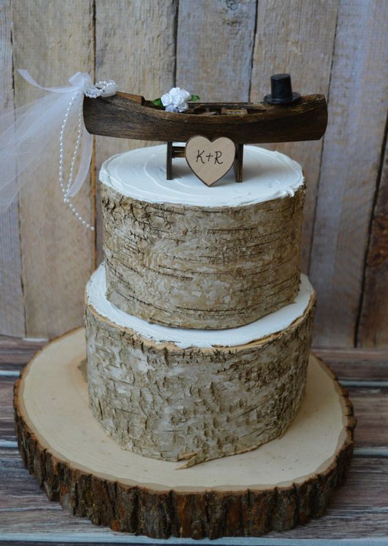 Rustic canoe boat bride groom wedding cake topper