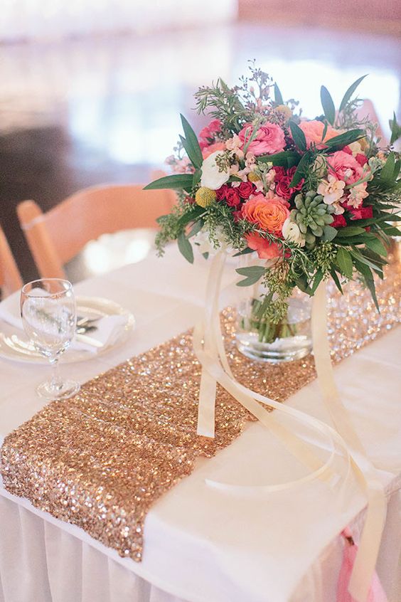 Sequin Table Runners and Colorful Flowers