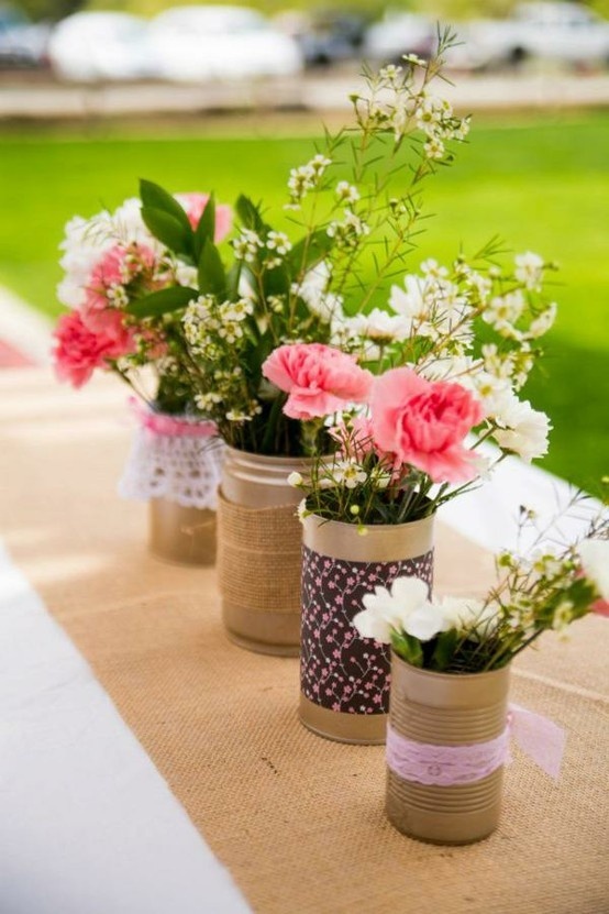 Tin can and burlap decorations