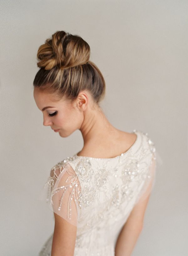 Top knot wedding hairstyle & Jenny Packham Rose Wedding Dress