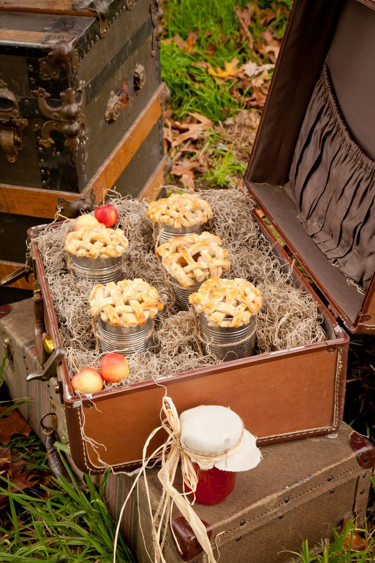 Vintage Rentals Vintage Farmers Market Wedding mini apple pies in tin can