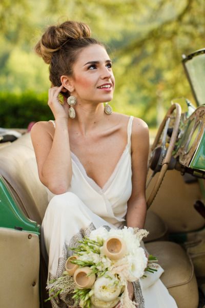 Wedding topbun with low v neck wedding dress