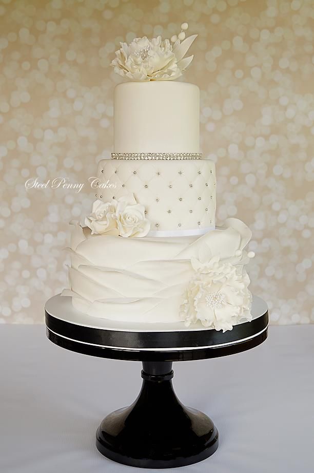 White Vintage Floral Wedding Cake with Silver Pearl Details