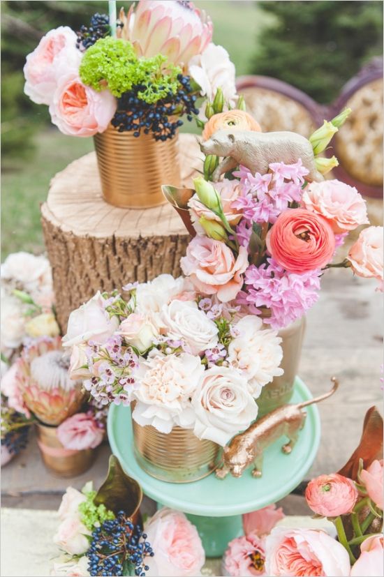 bohemian wedding ideas- tin can floral centerpieces