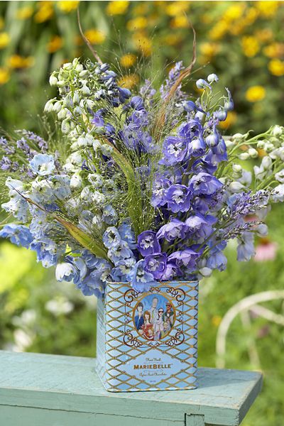 delphiniums and crab grass gone to seed in vinatge tin cans