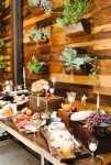 eclectic cheese-and-prosciutto station with assorted fruit displayed against a wall of wild succulents