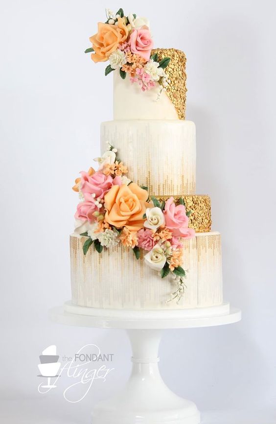 glitter wedding cake with sugar flowers