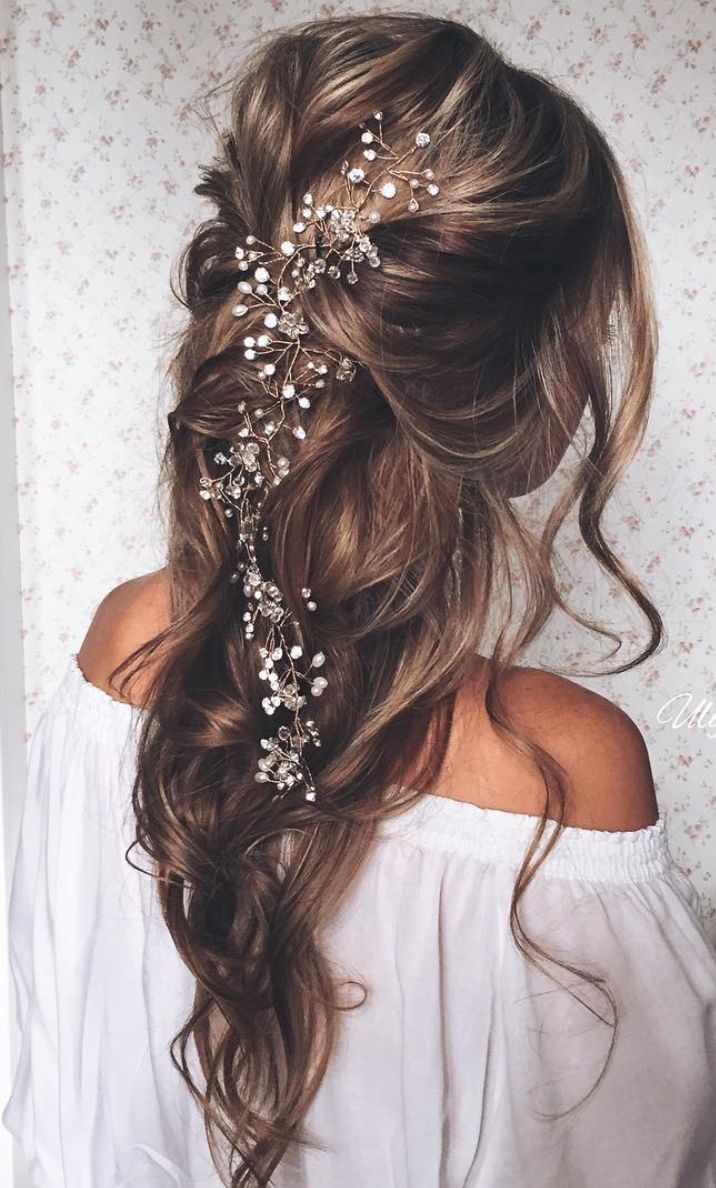 Long Pulled Back Loose Waves Wedding Hairstyle Deer Pearl Flowers