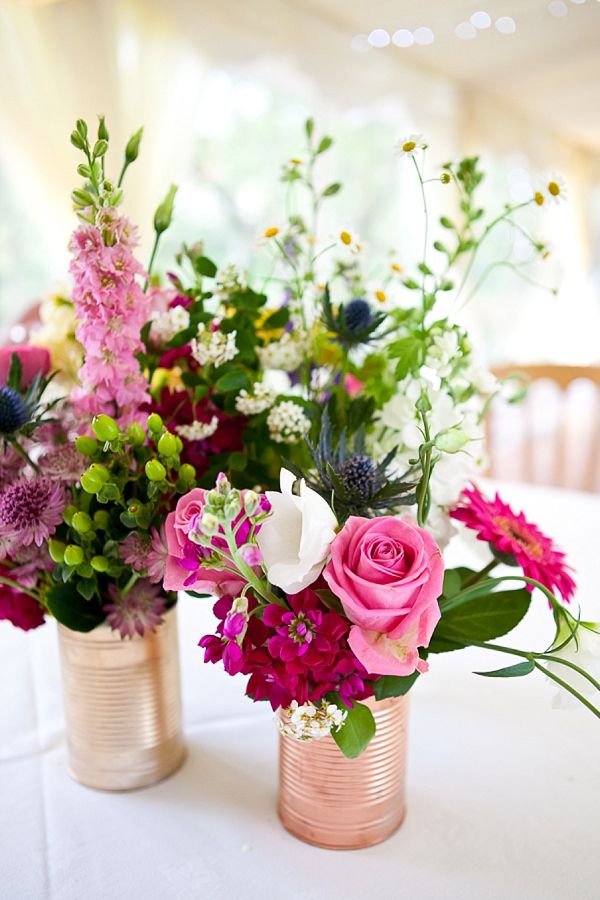 45+ Charming Inexpensive Country Tin Can Wedding Ideas 15 pink flowers in rose tin cans wedding centerpiece ideas