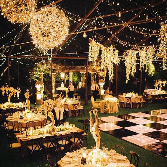 rustic backyard wedding decor with lights