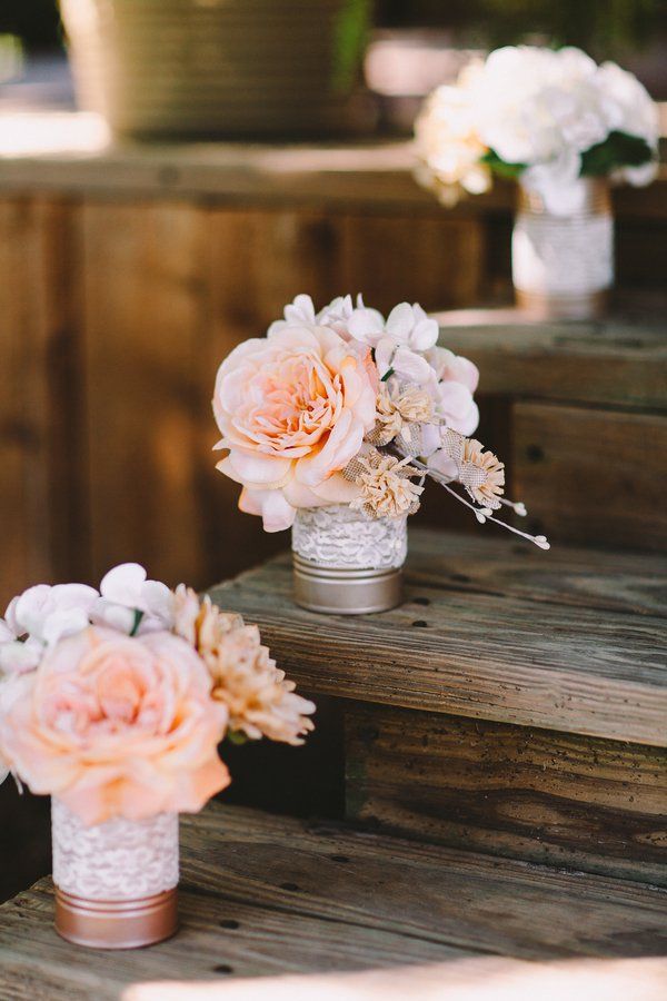 rustic lace wedding ideas- peach flowers in tin can