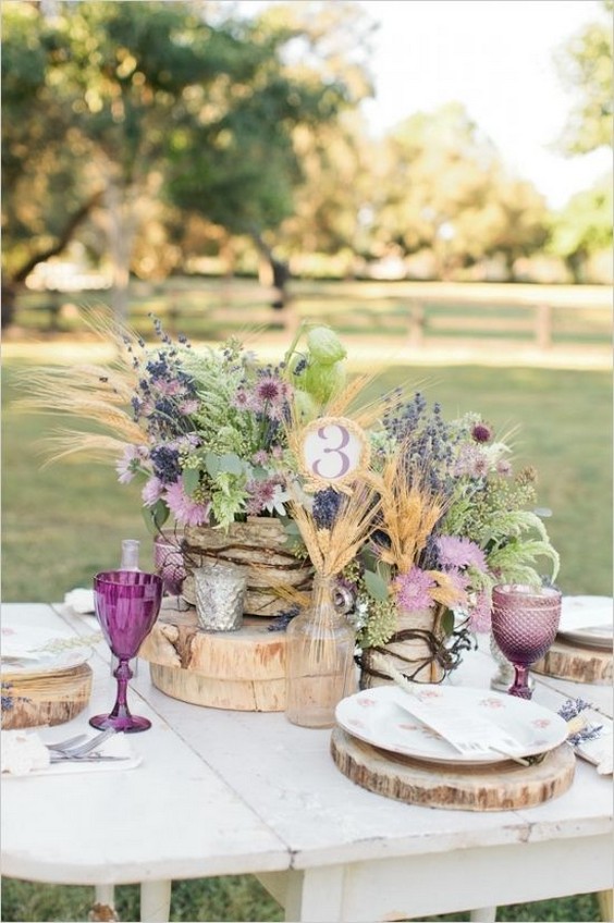 rustic lavender and wheat wedding centerpieces
