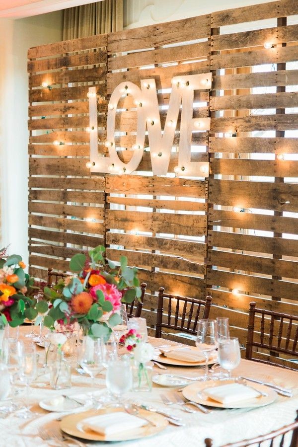rustic love wood pallets backdrop wedding party table