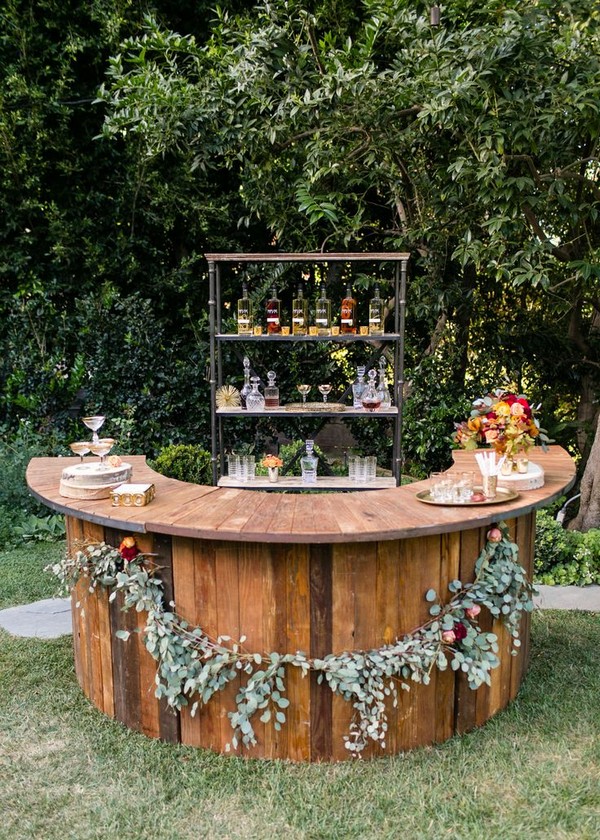 rustic outdoor wedding bar idea