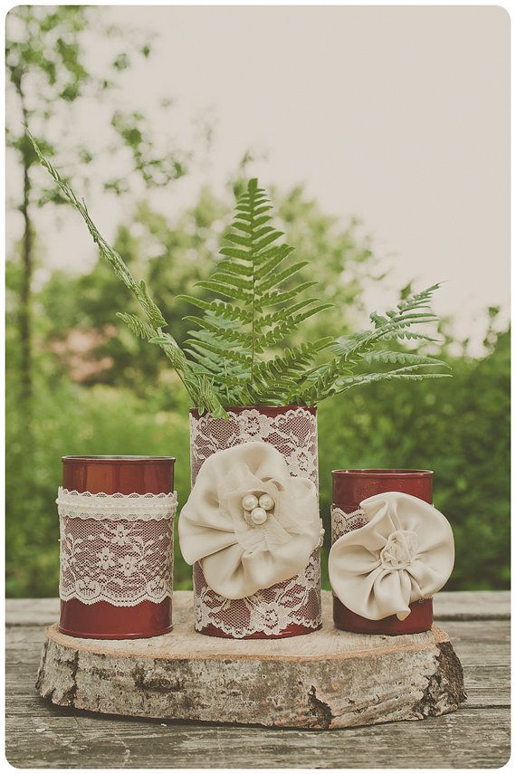 vintage lace tin can vases.