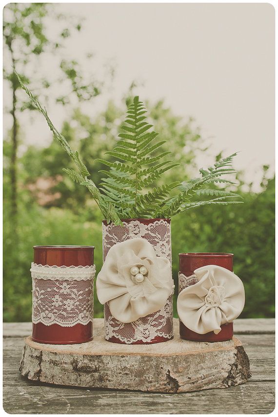 45+ Charming Inexpensive Country Tin Can Wedding Ideas 13 vintage lace tin can vases.