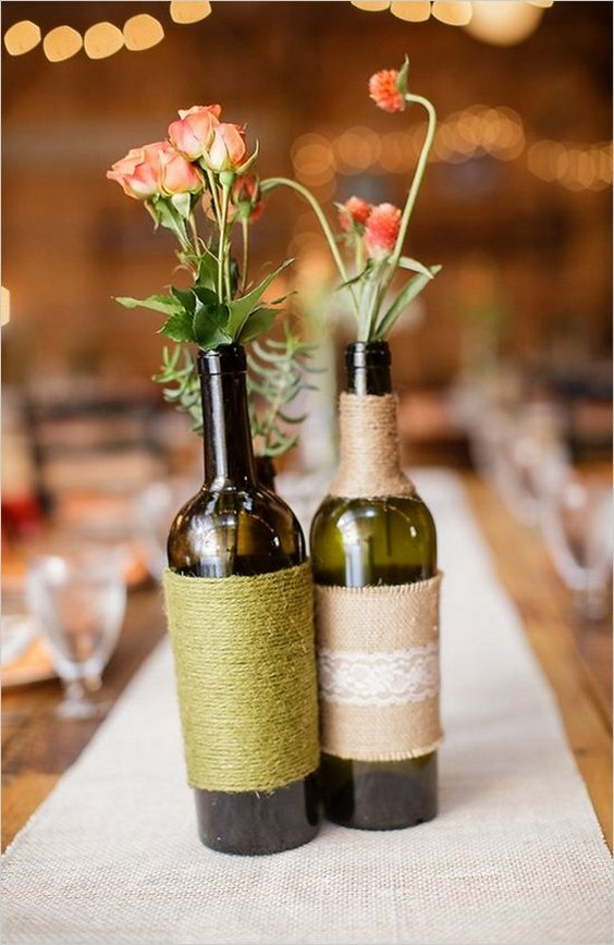 yarn wrapped wine bottles wedding centerpiece
