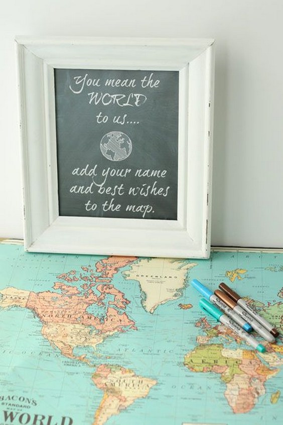 A travel map is such a unique way for wedding or party guests to sign in and write their best wishes