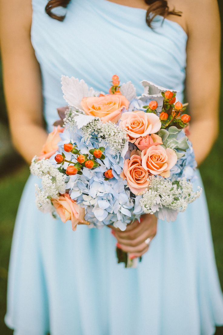 Baby Light Blue Bridesmaids with Peach Flowers in Bouquet