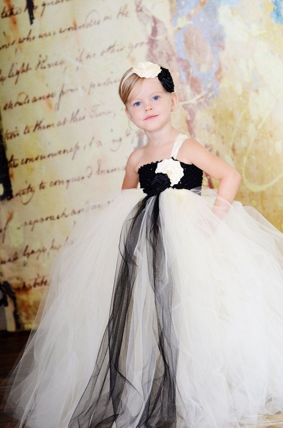 Black and White One Shoulder Tulle Flower Girl Dress