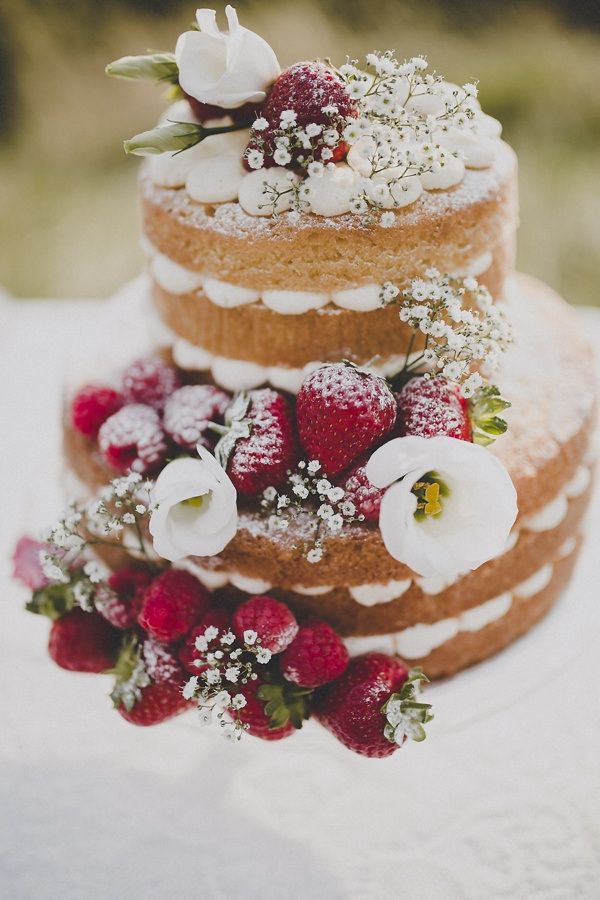 Bohemian Countryside Wedding Ideas Naked Sponge Cake Fruit Flowers