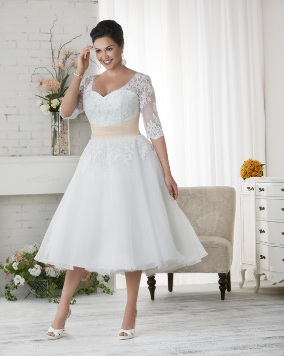 Bonny Bridal - Organza tea length, plus size wedding gown with sheer lace sleeves
