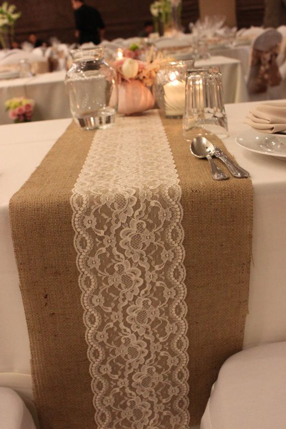 Burlap Lace Table Runner along with rose, gold and blush details for center pieces