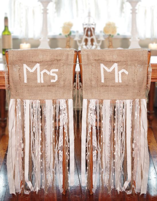 55 Chic-Rustic Burlap and Lace Wedding Ideas 4 Burlap and lace wedding ideas - Mr.& Mrs.on burlap with floor length ribbons