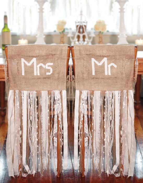 Burlap and lace wedding ideas - Mr.& Mrs.on burlap with floor length ribbons