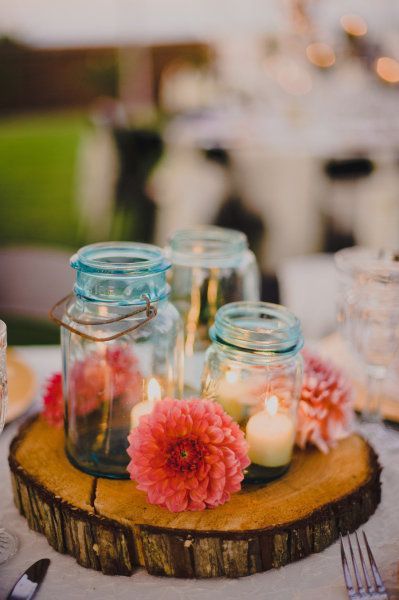 Candles in Mason Jars with Flower Wedding Table Centerpiece