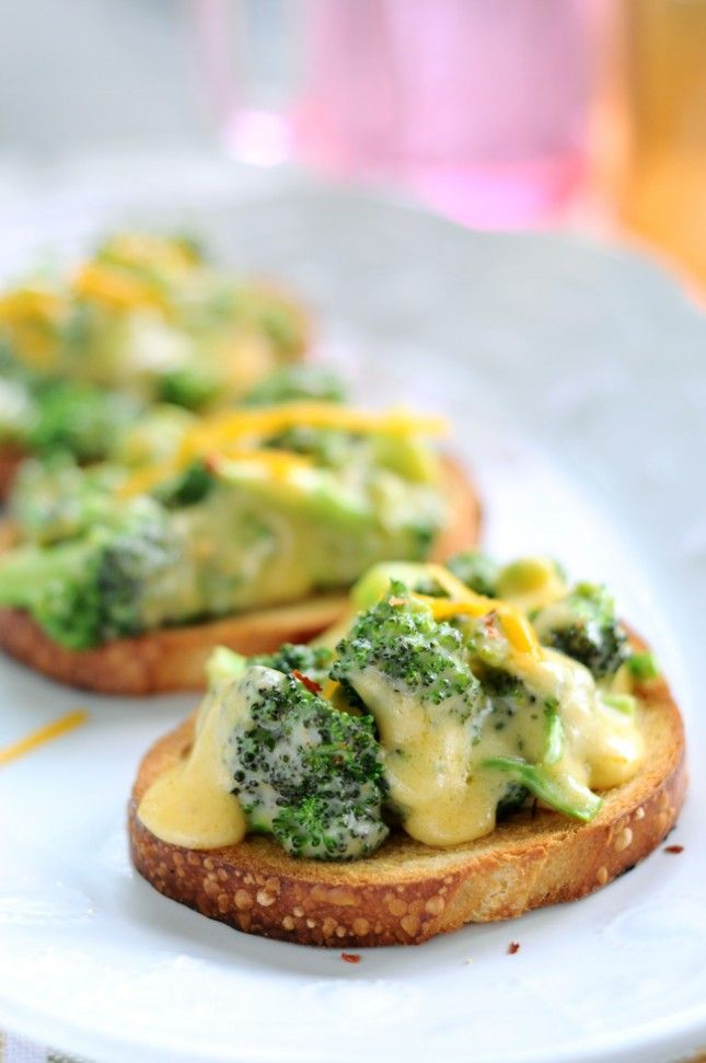 Cheese Broccoli Crostinis as an appetizer.