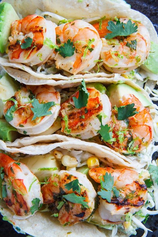 Cilantro Lime Shrimp Tacos with Roasted Corn Slaw and Roasted Jalapeno Crema