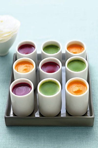 Colorful soup appetizers for a fall or winter wedding