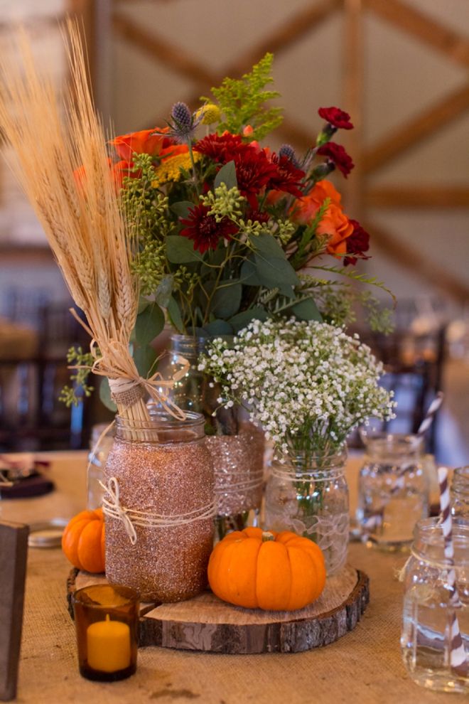 DIY Glitter mason jar fall wedding centerpiece with pumpkin and baby's breath