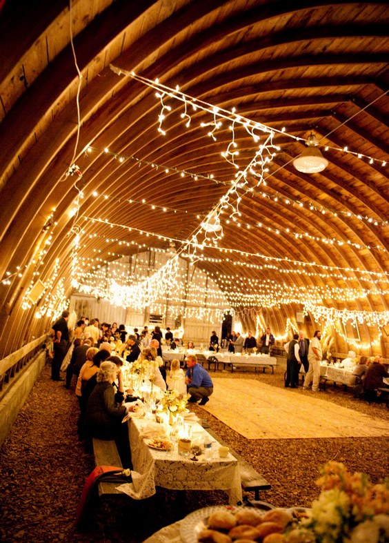 Inside a Rustic Barn Wedding Decorated With Fabulous Ceiling Lights