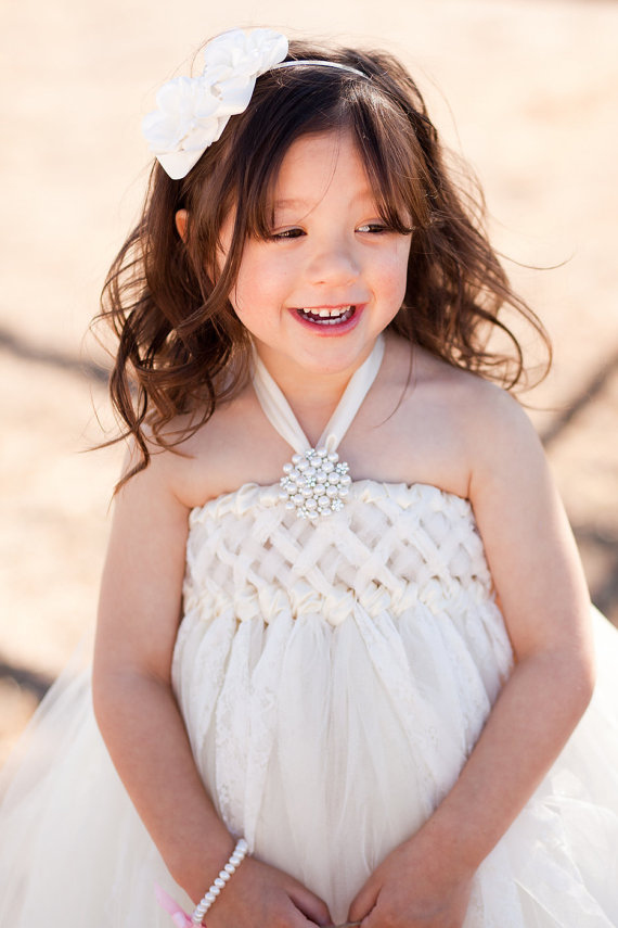 Ivory Criss-Cross Bodice Halter Tulle Flower Girl Dress