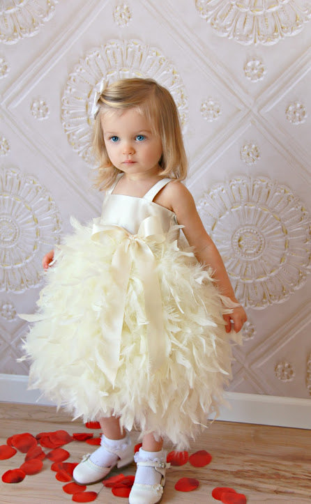 Ivory Cute Flower Girl Dress with Feather