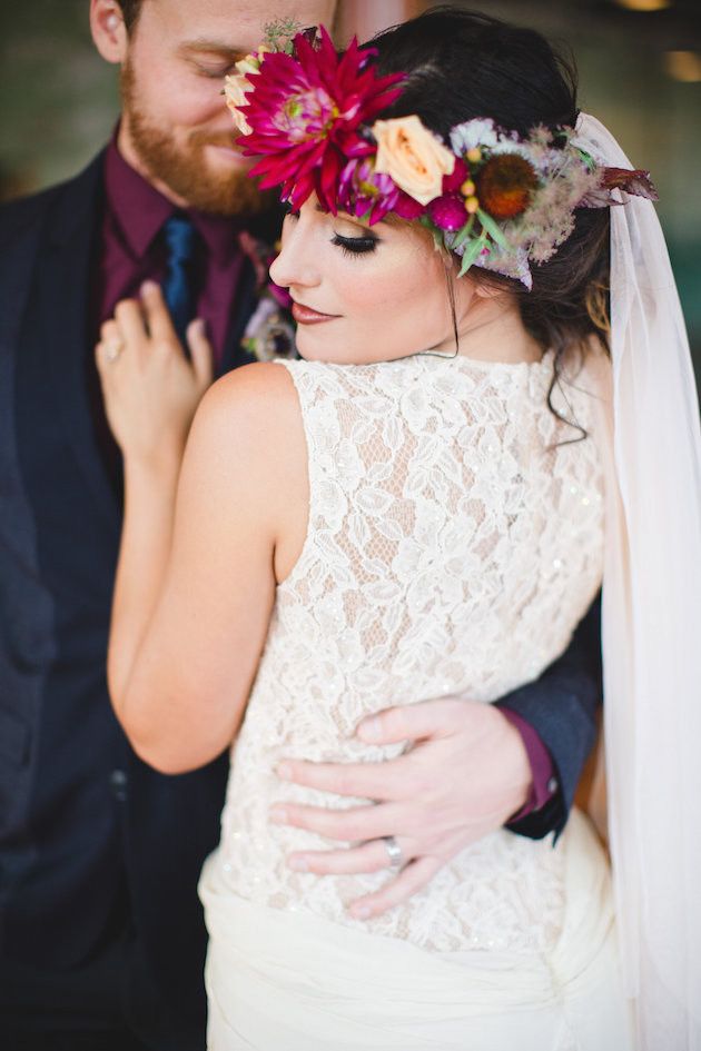 Lace Wedding Dress with Deep Red Flower Crown
