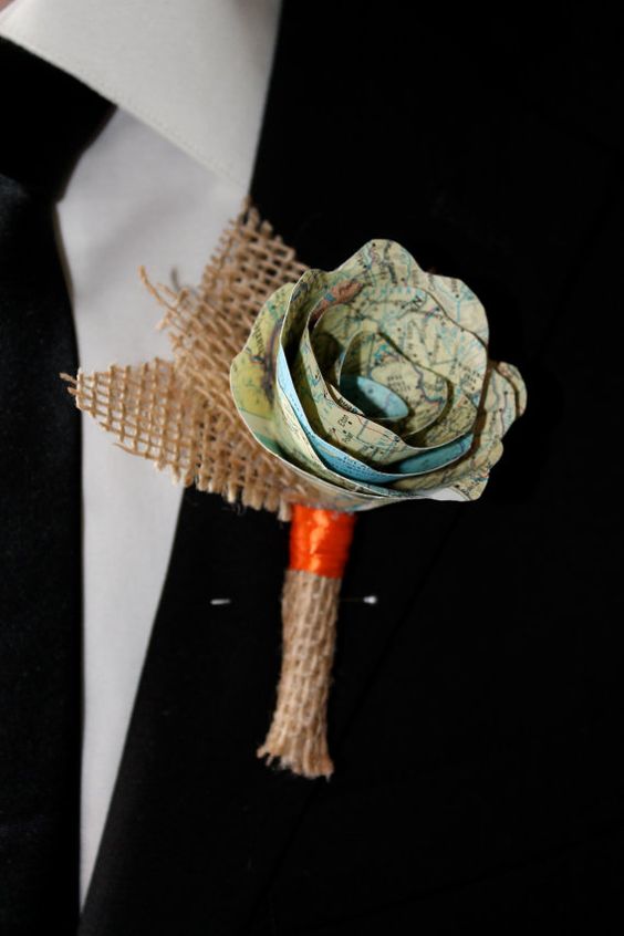 Map rose and burlap boutonniere