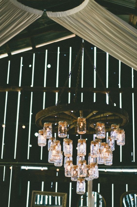 Mason jar wagon wheel chandelier for the barn