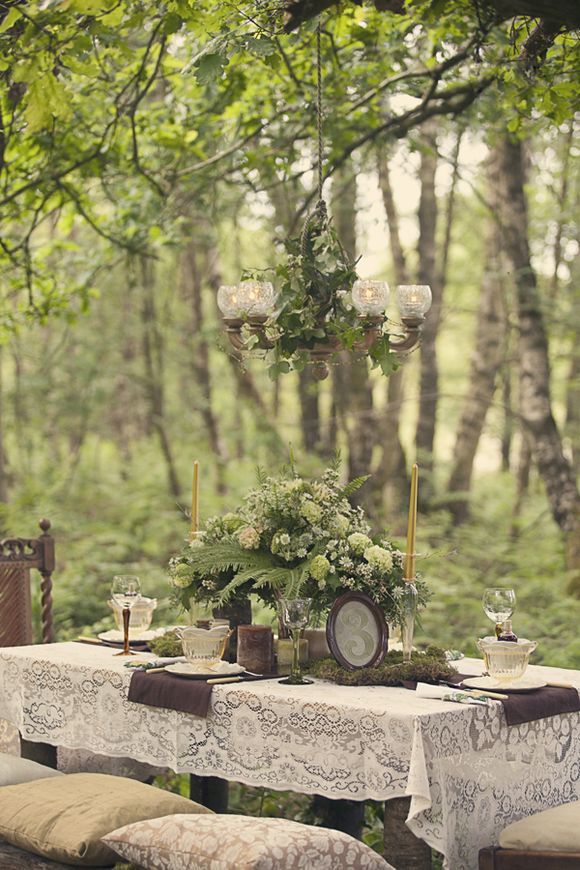 Milk glass burlap and lace woodland wedding table decor