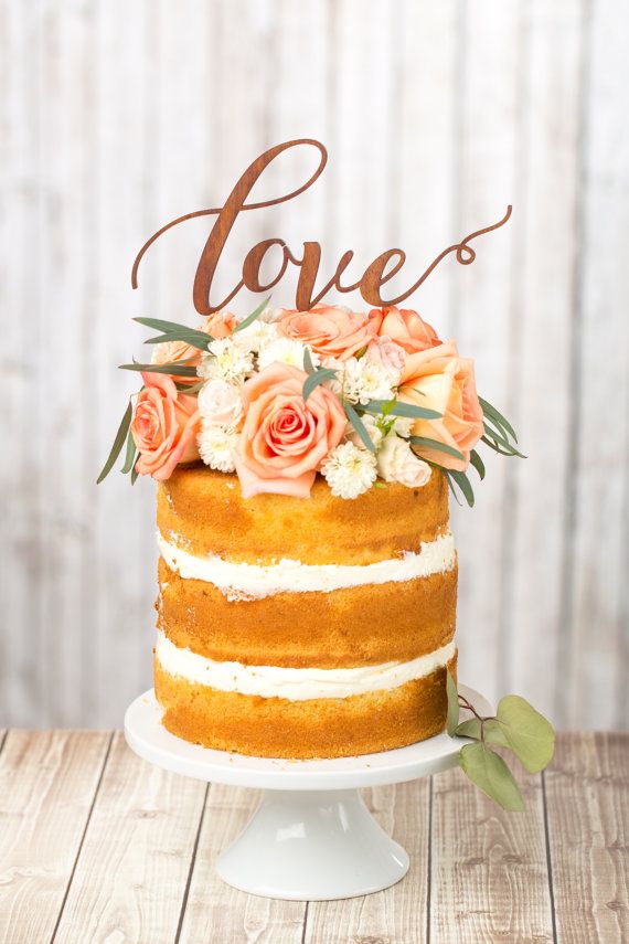 Naked wedding cake with coral roses wedding cake topper