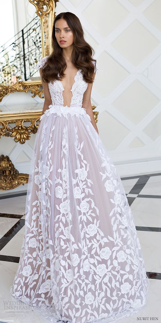 Nurit Hen Royal Couture Deep Neck Wedding Dresses