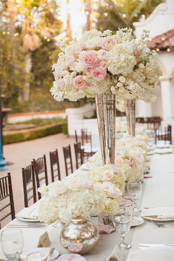 Outdoor white and pink roses tall wedding centerpieces